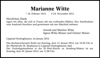 Traueranzeige von Marianne Witte von Tageszeitung