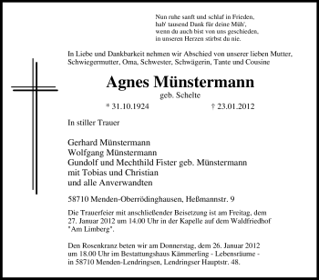 Traueranzeige von Agnes Münstermann von Tageszeitung