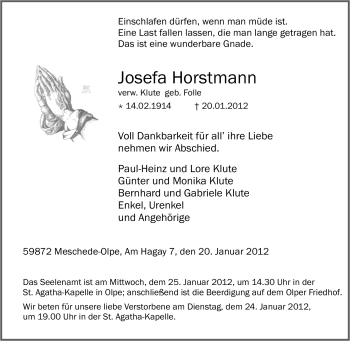 Traueranzeige von Josefa Horstmann von Tageszeitung