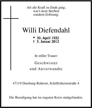 Traueranzeige von Willi Diefendahl von Tageszeitung