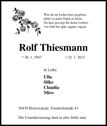 Traueranzeige von Rolf Thiesmann von Tageszeitung