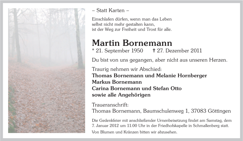  Traueranzeige für Martin Bornemann vom 02.01.2012 aus Tageszeitung