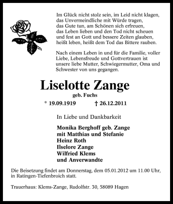 Traueranzeige von Liselotte Zange von Tageszeitung