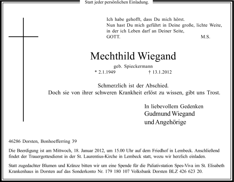  Traueranzeige für Mechthild Wiegand vom 14.01.2012 aus Tageszeitung