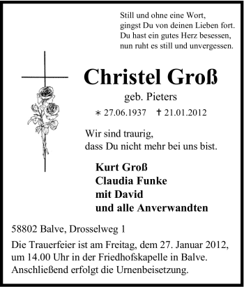 Traueranzeige von Christel Groß von Tageszeitung