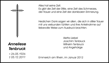 Traueranzeige von Anneliese Tenbruck von Tageszeitung