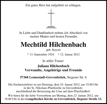Traueranzeige von Mechtild Hilchenbach von Tageszeitung