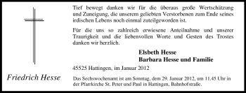 Traueranzeige von Friedrich Hesse von Tageszeitung