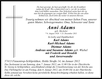 Traueranzeige von Anni Adams von Tageszeitung