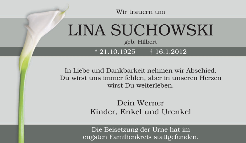  Traueranzeige für Lina Suchowski vom 30.01.2012 aus Tageszeitung
