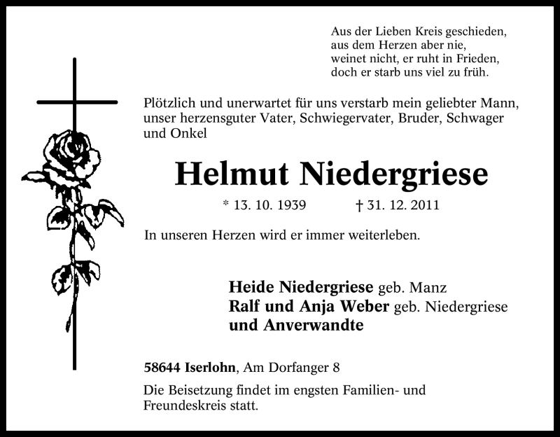  Traueranzeige für Helmut Niedergriese vom 04.01.2012 aus Tageszeitung