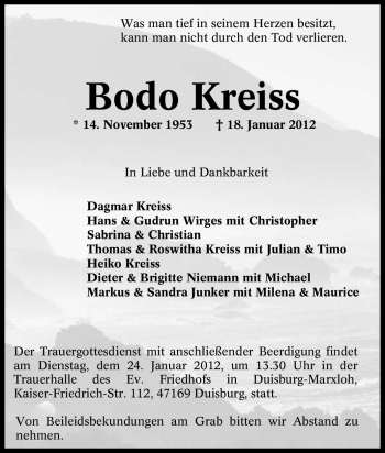 Traueranzeige von Bodo Kreiss von Tageszeitung