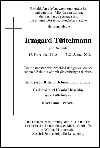 Traueranzeige von Irmgard Tüttelmann von Tageszeitung