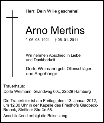 Traueranzeige von Arno Mertins von Tageszeitung