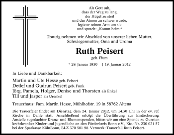 Traueranzeige von Ruth Peisert von Tageszeitung