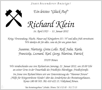 Traueranzeige von Richard Klein von Tageszeitung