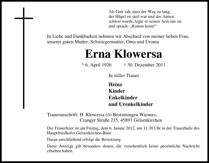 Traueranzeige für Erna Klowersa vom 03.01.2012 aus Tageszeitung