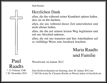 Traueranzeige von Paul Raadts von Tageszeitung
