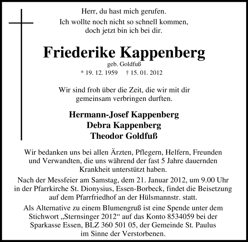  Traueranzeige für Friederike Kappenberg vom 18.01.2012 aus Tageszeitung