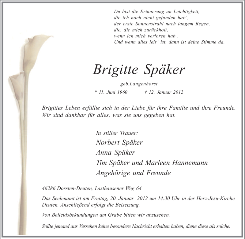  Traueranzeige für Brigitte Späker vom 16.01.2012 aus Tageszeitung