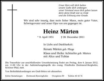 Traueranzeige von Heinz Märten von Tageszeitung