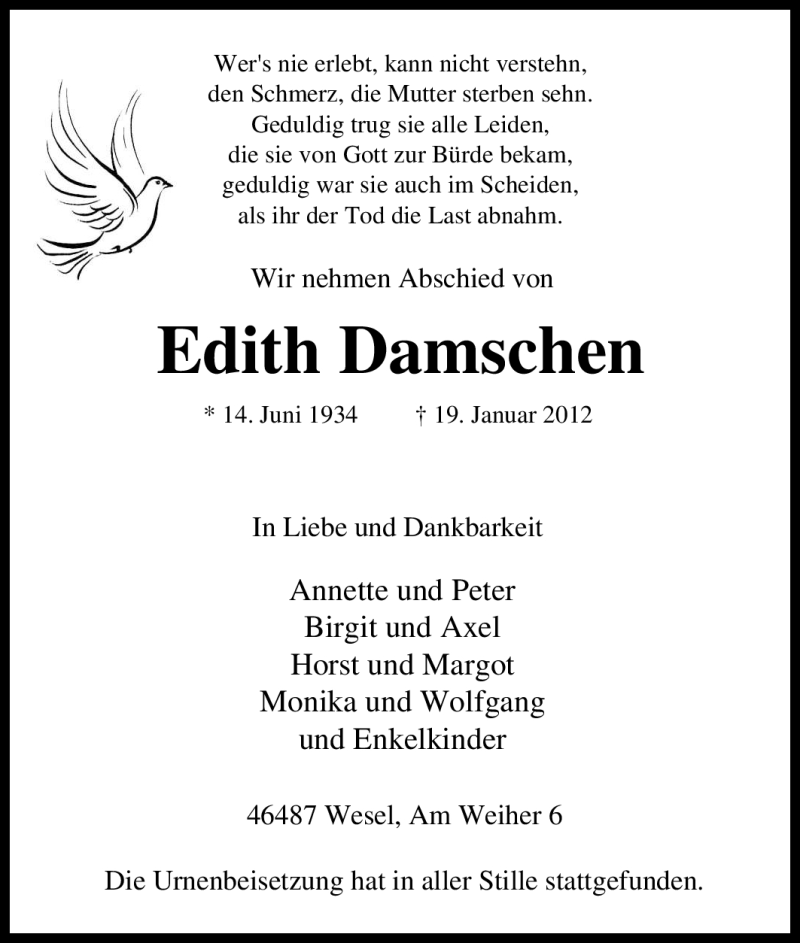  Traueranzeige für Edith Damschen vom 28.01.2012 aus Tageszeitung