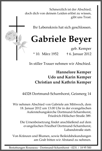 Traueranzeige von Gabriele Beyer von Tageszeitung