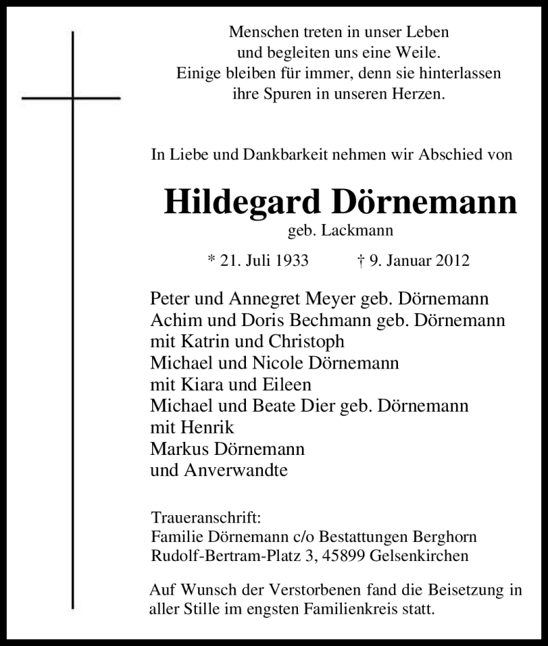  Traueranzeige für Hildegard Dörnemann vom 13.01.2012 aus Tageszeitung