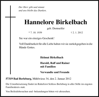 Traueranzeige von Hannelore Birkelbach von Tageszeitung