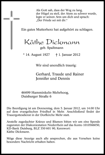 Traueranzeige von Käthe Dickmann von Tageszeitung