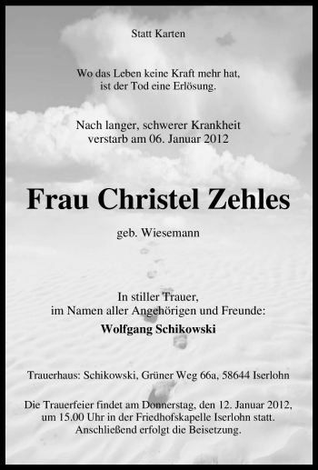 Traueranzeige von Christel Zehles von Tageszeitung