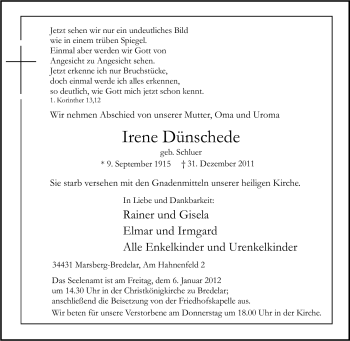 Traueranzeige von Irene Dünschede von Tageszeitung
