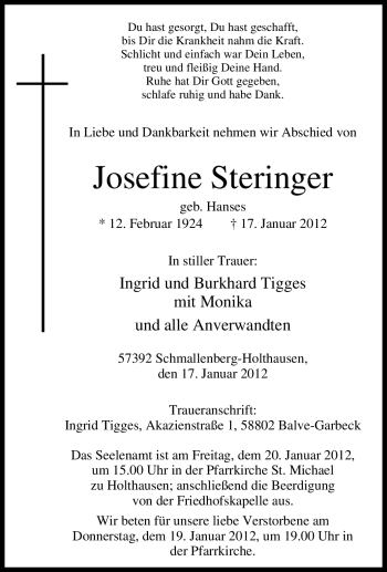 Traueranzeige von Josefine Steringer von Tageszeitung