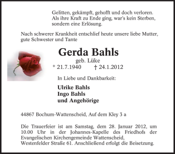 Traueranzeige von Gerda Bahls von Tageszeitung