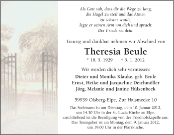 Traueranzeige von Theresia Beule von Tageszeitung