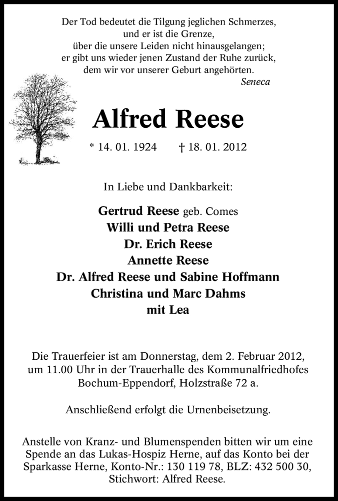  Traueranzeige für Alfred Reese vom 30.01.2012 aus Tageszeitung