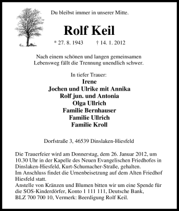 Traueranzeige von Rolf Keil von Tageszeitung