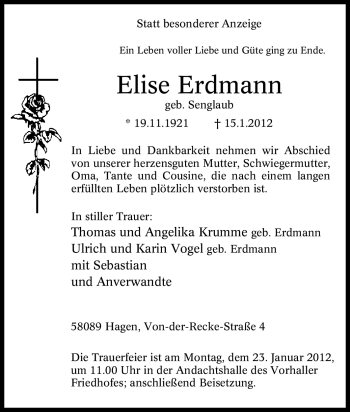 Traueranzeige von Elise Erdmann von Tageszeitung