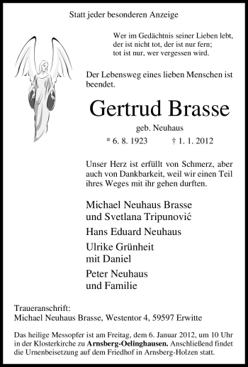 Traueranzeige von Gertrud Brasse von Tageszeitung