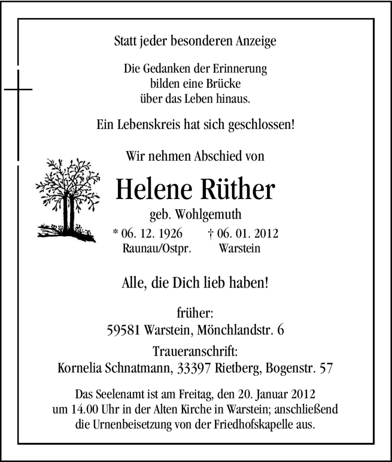  Traueranzeige für Helene Rüther vom 14.01.2012 aus Tageszeitung