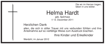 Traueranzeige von Helma Hardt von Tageszeitung