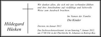 Traueranzeige von Hildegard Hüsken von Tageszeitung