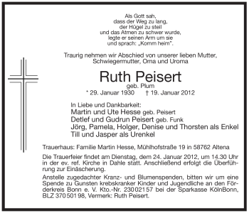 Traueranzeige von Ruth Peisert von Tageszeitung