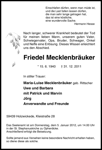 Traueranzeige von Friedel Mecklenbräuker von Tageszeitung