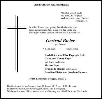 Traueranzeige von Gertrud Bieler von Tageszeitung