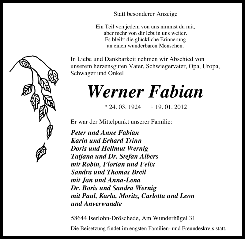  Traueranzeige für Werner Fabian vom 21.01.2012 aus Tageszeitung