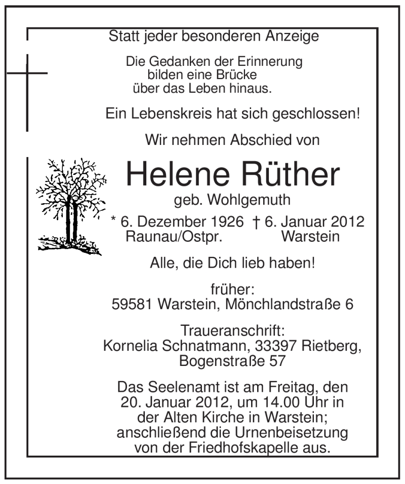  Traueranzeige für Helene Rüther vom 14.01.2012 aus Tageszeitung