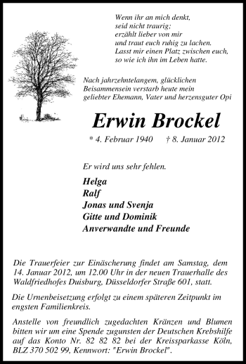 Traueranzeige von Erwin Brockel von Tageszeitung