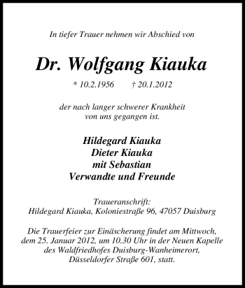 Traueranzeige von Wolfgang Kiauka von Tageszeitung
