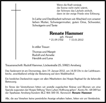 Traueranzeige von Renate Hammer von Tageszeitung